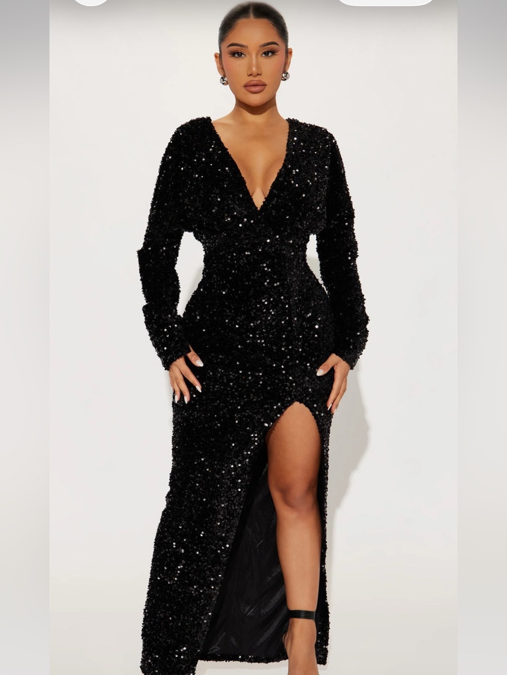 Fashion Nova Black Sequin Long Sleeve V-Neck Gown